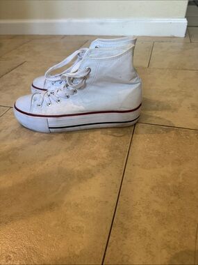 Women’s White High-Top Platform Lace-Up Sneakers with Red Stripe